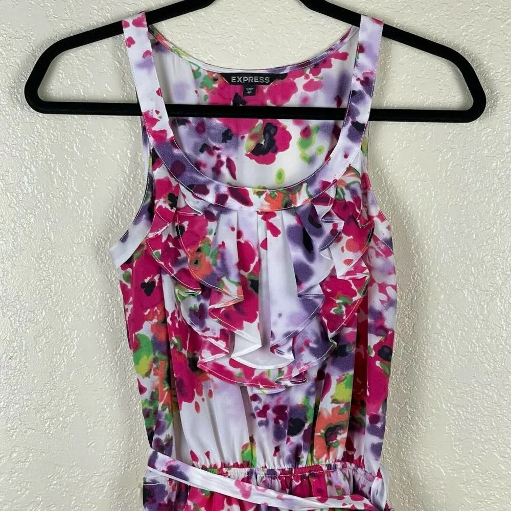 EXPRESS Dress Women's Sz XS A-Line Scoop Neck Belted Pocket Floral Pink Purple - Picture 5 of 11